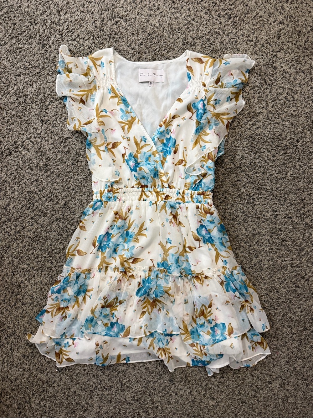 Charles Henry White Floral Dress with Blue and Gold Print